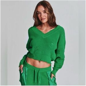 Ser.o.ya Syd Distressed 100% Cotton Green V Neck Knit Sweater, Sz XS